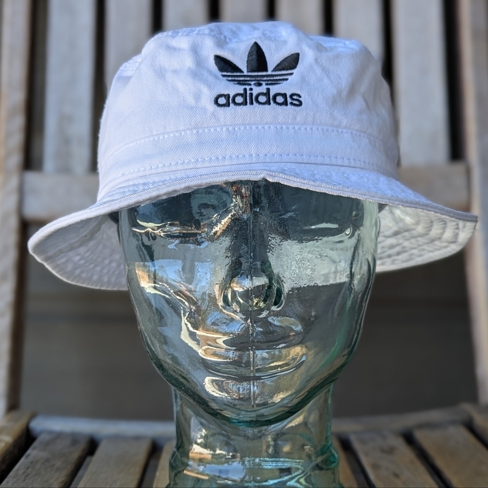 Adidas White 100% Cotton Bucket Hat With Black Embroidered Trefoil Logo OSFM